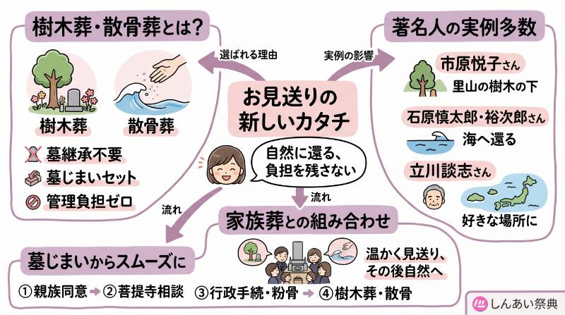 日立市にお住まいの50代・60代の方々やシニア層の間でも「樹木葬」や「散骨葬」への関心が高まっています。テレビや雑誌で話題の実例から、日立市での具体的な手続きの進め方、そして後悔しないお見送りの段取りまでがすべてわかります。
